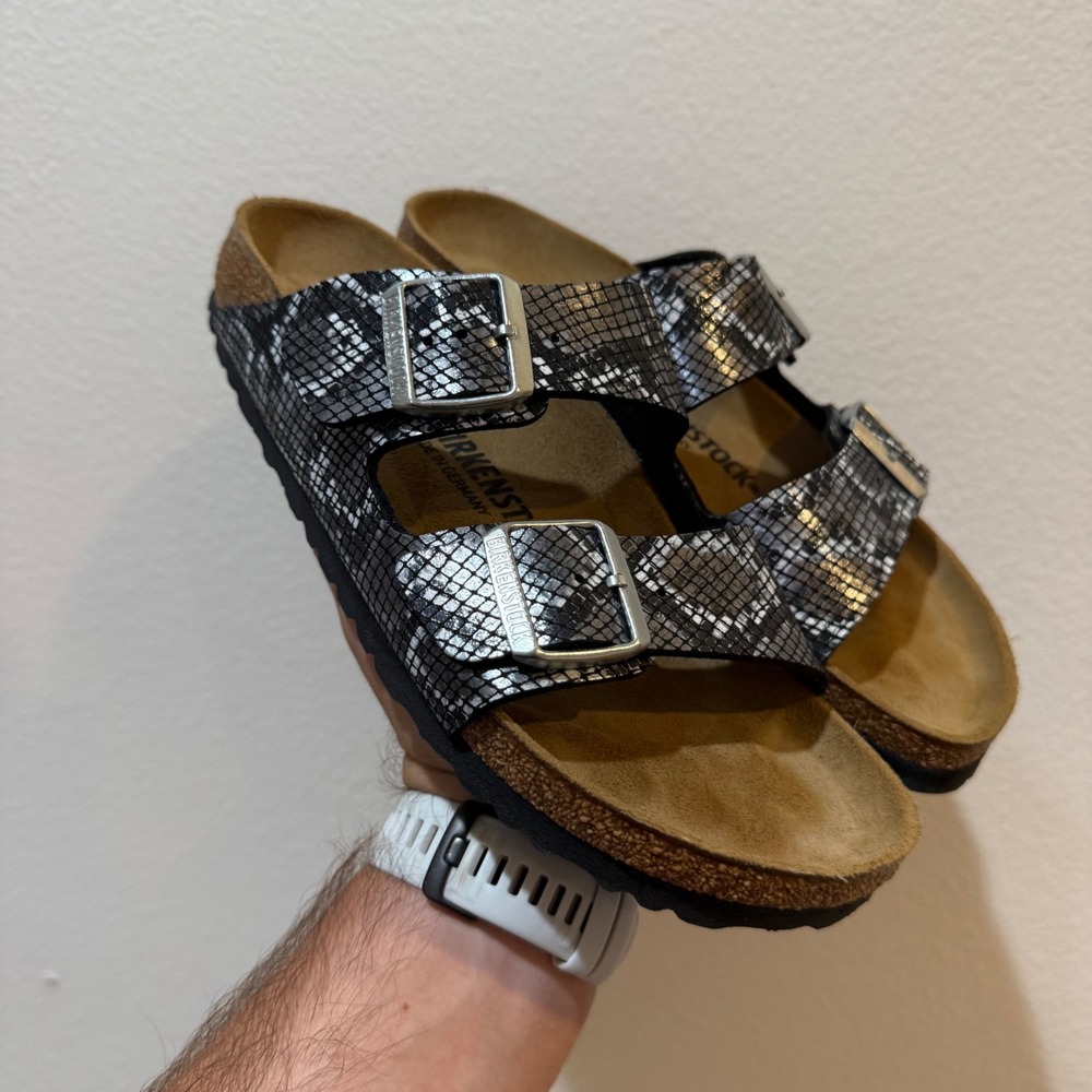 Birkenstock Arizona Silver Black Snakeskin Print Sandals Size 40 L9 M7